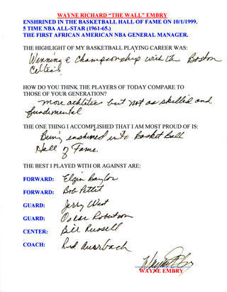 Wayne Embry Autographed Hand Filled Out Survey Page (JSA)