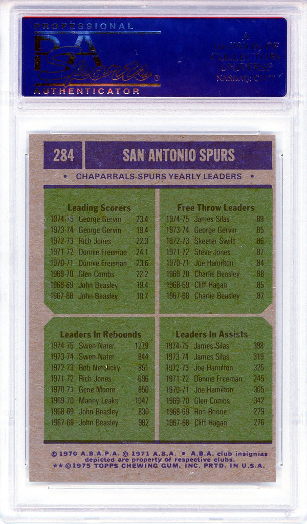 San Antonio Spurs Team Leaders 1975 Topps Card #284 (PSA Mint 9)