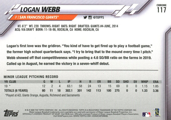 Logan Webb 2020 Topps Chrome Rookie Card