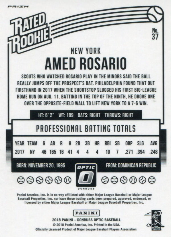 Amed Rosario 2018 Donruss Optic Red & Yellow Rated Rookie Card