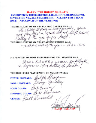 Harry Gallatin Autographed Hand Filled Out Survey Page (JSA)