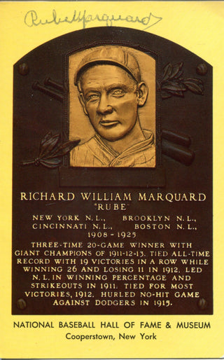 Rube Marquard Autographed Hall of Plaque Card (JSA)