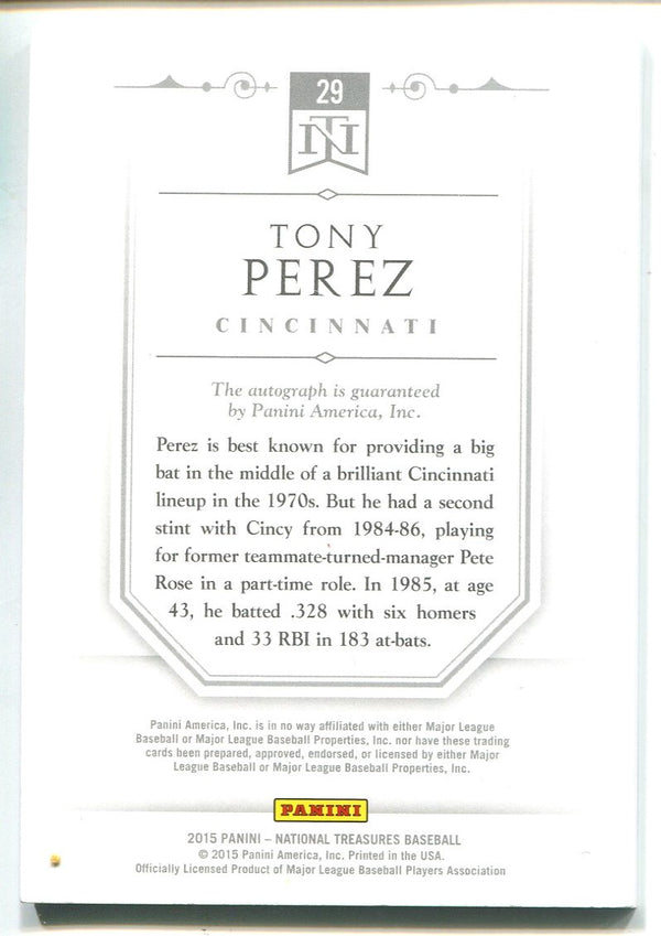 Tony Perez 2015 Panini National Treasures Leather & Lumber Autographed Card #3/20