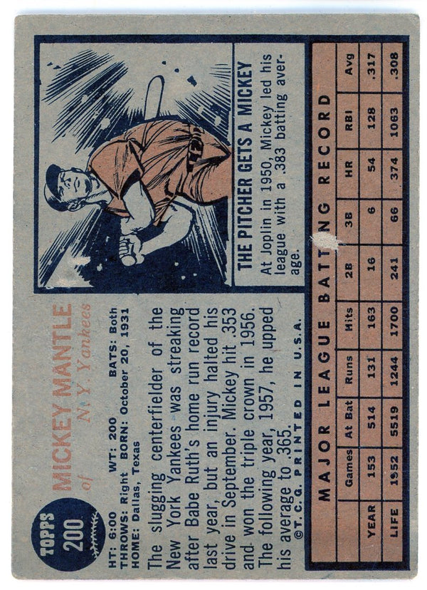 Mickey Mantle 1962 Topps Card #200