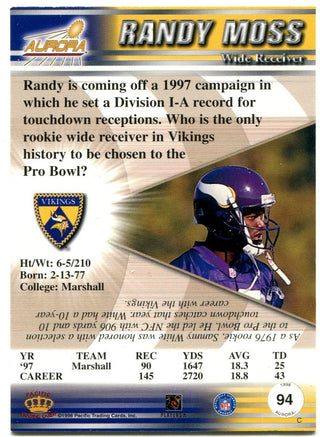 Randy Moss 1998 Pacific Aurora Rookie Card #94