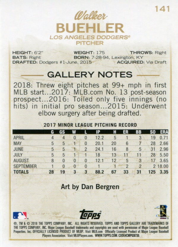 Walker Buehler 2018 Topps Gallery White Border Rookie Card