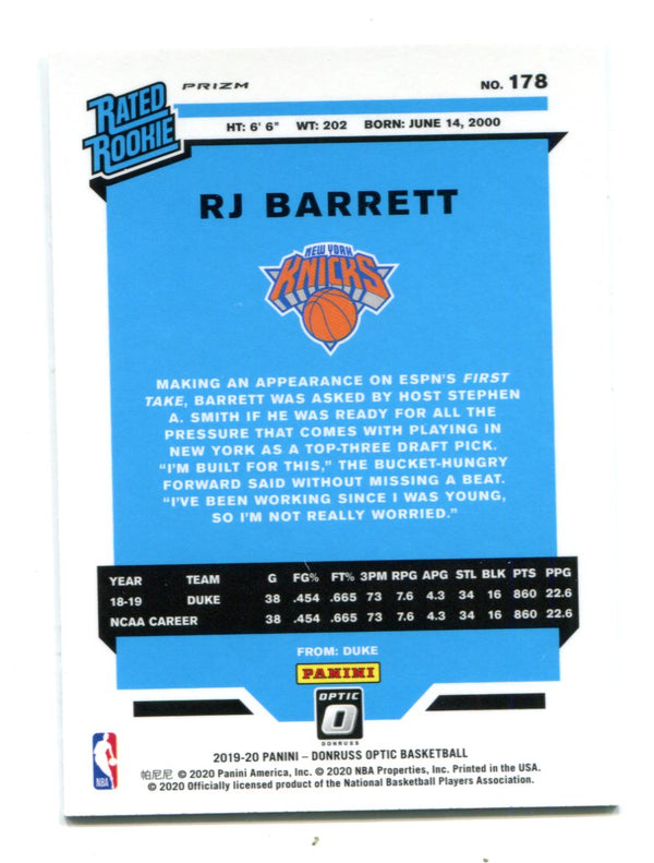 Rj Barrett 2019-20 Donruss Optic Rated Rookie Silver Shimmer #178 Card