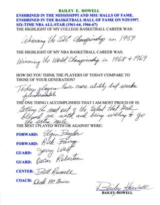 Bailey Howell Autographed Hand Filled Out Survey Page (JSA)