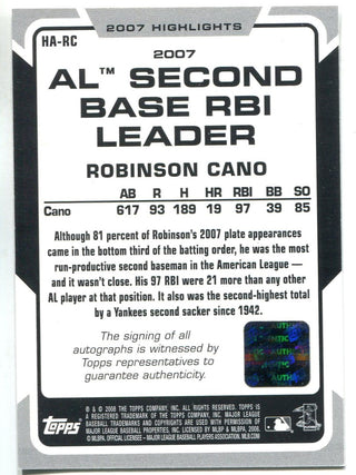 Robinson Cano 2008 Topps Autographed Card
