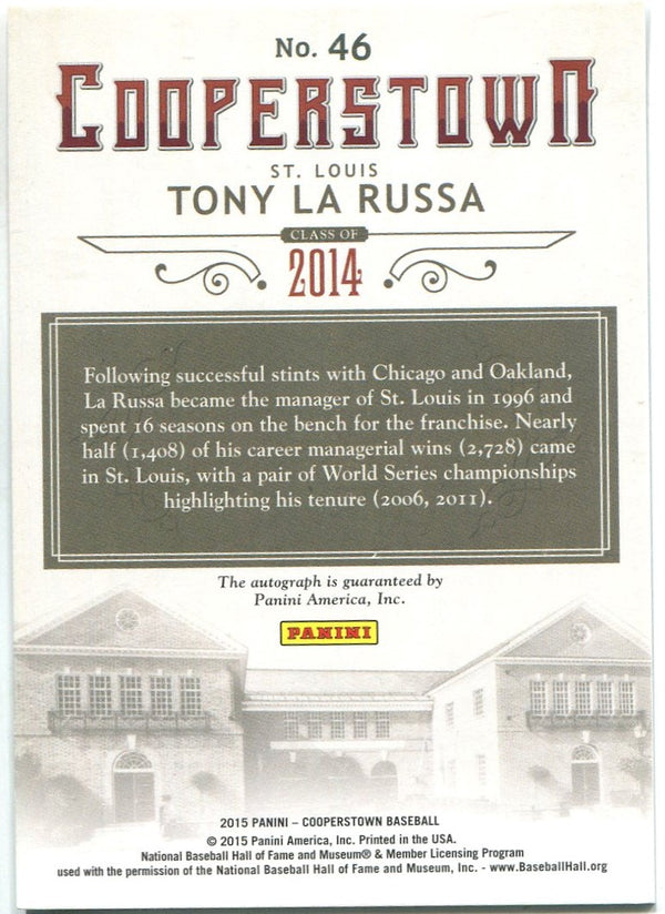 Tony La Russa 2015 Panini Cooperstown Autographed Card