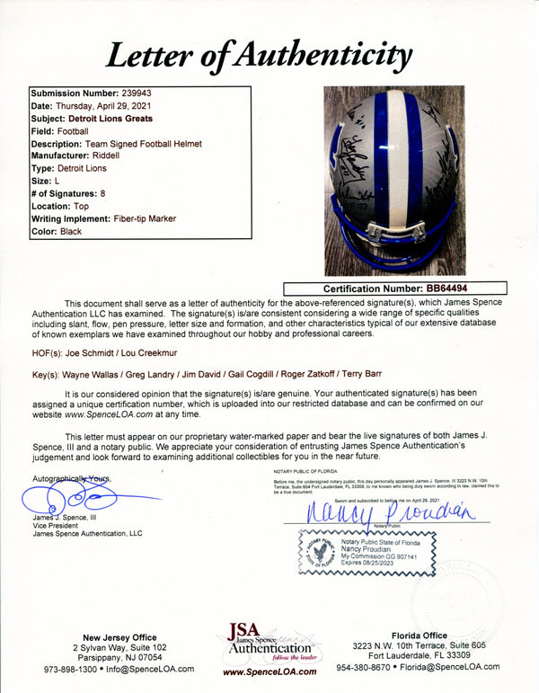 Detroit Lions Greats Autographed Detroit Lions Authentic Helmet (JSA)