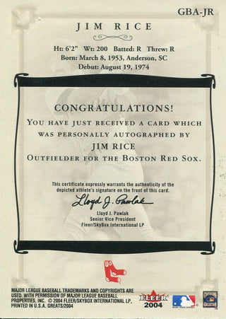 Jim Rice 2004 Fleer Greats Autographed Card