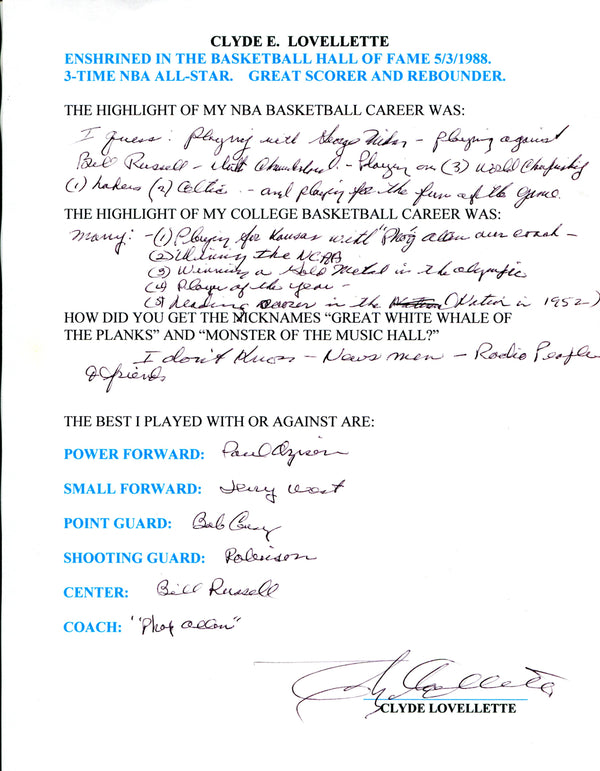 Clyde Lovellette Autographed Hand Filled Out Survey Page (JSA)