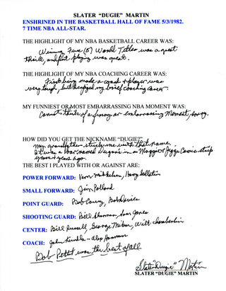 Slater "Dugie" Martin Autographed Hand Filled Out Survey Page (JSA)