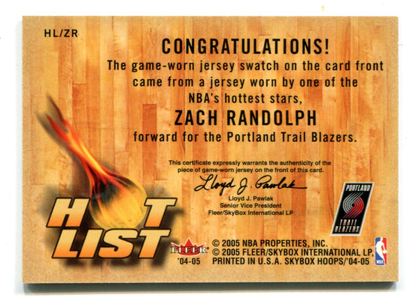 Zach Randolph 2004-2005 Fleer Hot List #HL/ZR Game-Worn Jersey Card