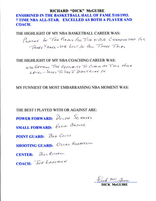 Dick McGuire Autographed Hand Filled Out Survey Page (JSA)