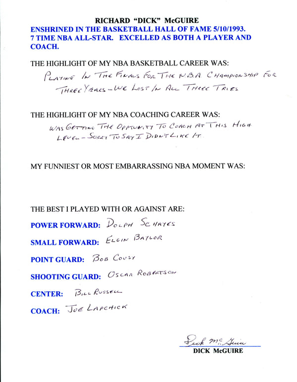 Dick McGuire Autographed Hand Filled Out Survey Page (JSA)