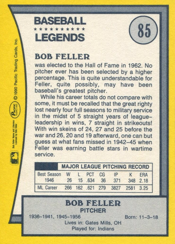 Bob Feller 1990 Pacific Autographed Baseball Card
