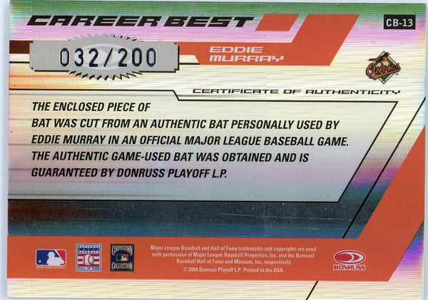 Eddie Murray 2004 Donruss Elite Game-Used Bat Card /200