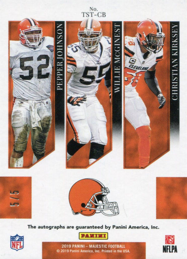 Johnson, McGinest, Kirksey Signed 2019 Majestic Cleveland Browns Card 5/5