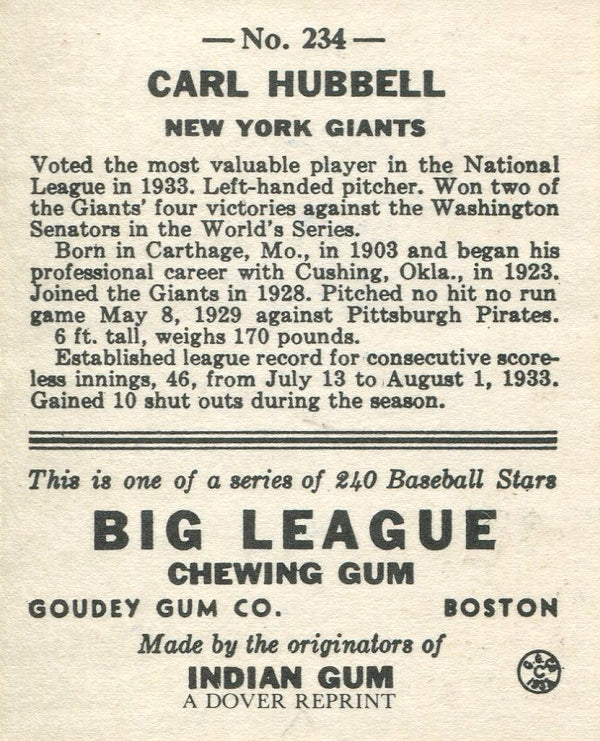 Carl Hubbell 1933 Goudey Reprint Autographed Card #234