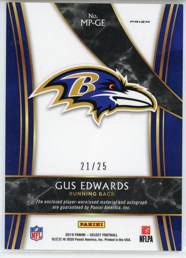 Gus Edwards Autographed 2019 Panini Select Prizm Rookie Jersey Card /25