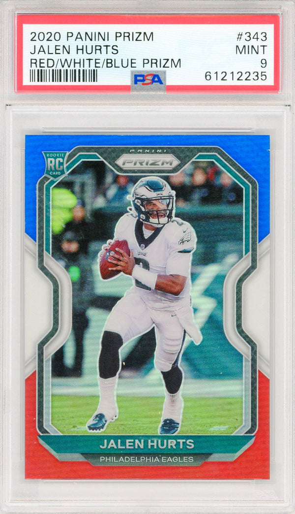 Jalen Hurts 2020 Panini Prizm Red/White/Blue Rookie Prizm Card #343 (PSA Mint 9)