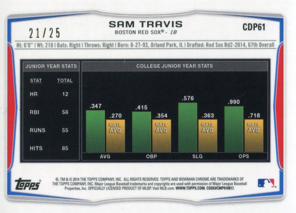 Sam Travis 2014 1st Bowman Chrome Draft Orange Refractor Card 21/25