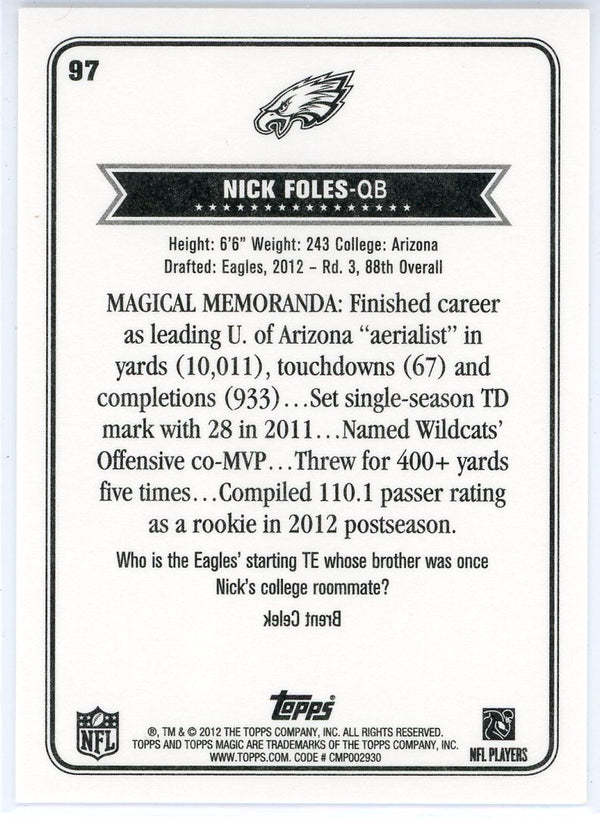 Nick Foles 2012 Topps Magic Rookie Card #97