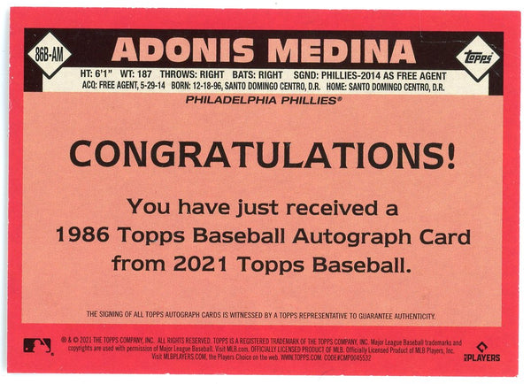 Adonis Medina Autographed 2021 Topps Rookie Card #86B-AM
