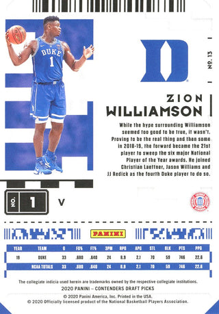 Zion Williamson 2020 Panini Contenders Draft Picks Card