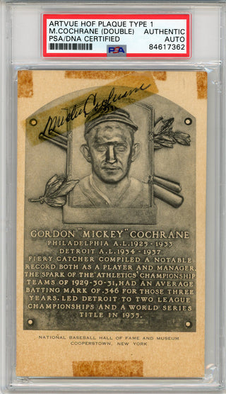 Mickey Cochrane Autographed Artvue HOF Plaque Type 1 Card (PSA)