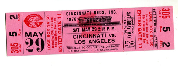 Cincinnati Reds Vs. Los Angeles May 29,1976 Full Unsigned Baseball Ticket