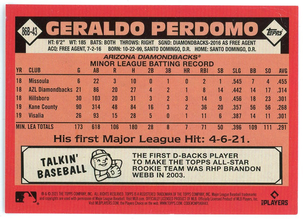 Geraldo Perdomo 2021 Topps Rookie Card #86B-43