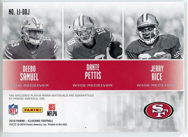 Deebo Samuel, Jerry Rice 2019 Panini Illusions Lineage Jersey Card 43/50