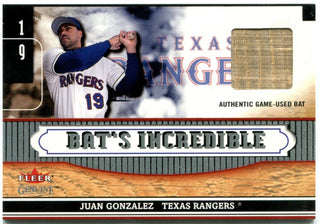 Juan Gonzalez Fleer Genuine Bat Card 2002