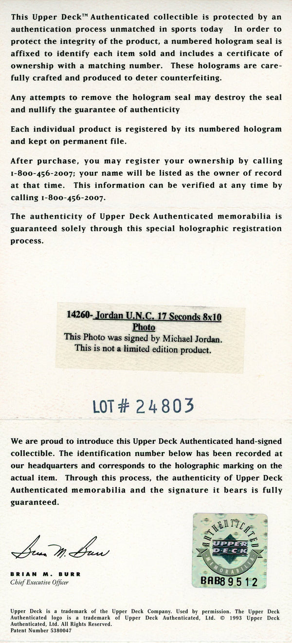 Michael Jordan Autographed Framed 8x10 Photo w/ 1982 NCAA Ticket (UDA)