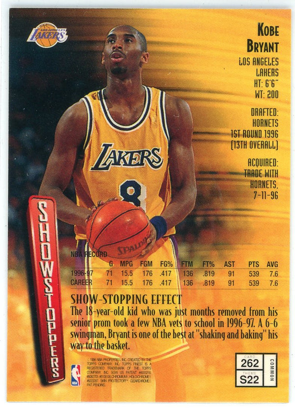 Kobe Bryant 1996 Topps Finest Showstoppers Card w/ Coating #262