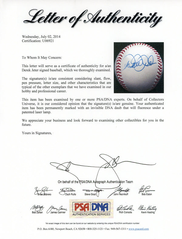 Derek Jeter Autographed Baseball (PSA)