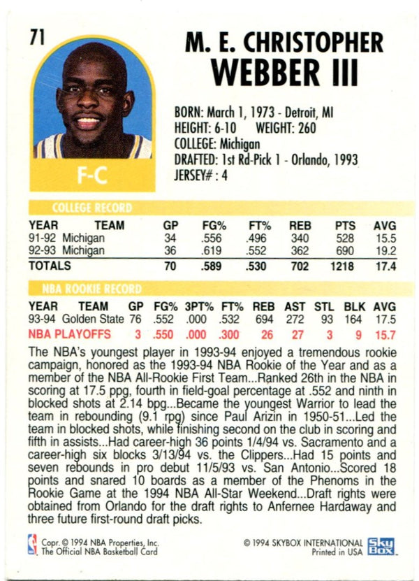 Chris Webber NBA Hoops 1994 Auto