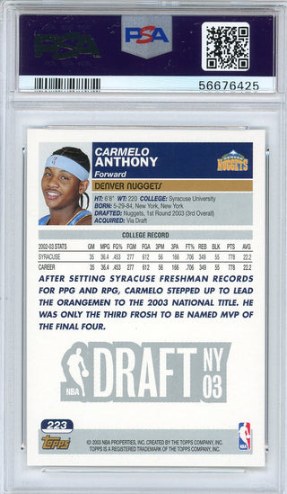 Carmelo Anthony 2003 Topps Rookie Card #223 (PSA Gem MT 10)
