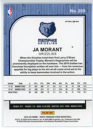 Ja Morant 2019-2020 Panini NBA Hoops Premium Stock Prizm Rookie Card