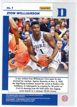 Zion Williamson 2019-20 Panini Contenders Draft Pick Game Day Ticket Rookie Card #1