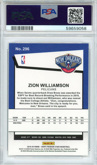 Zion Williamson 2019 Panini Hoops Premium Stock Rookie Card #296 (PSA Mint 9)