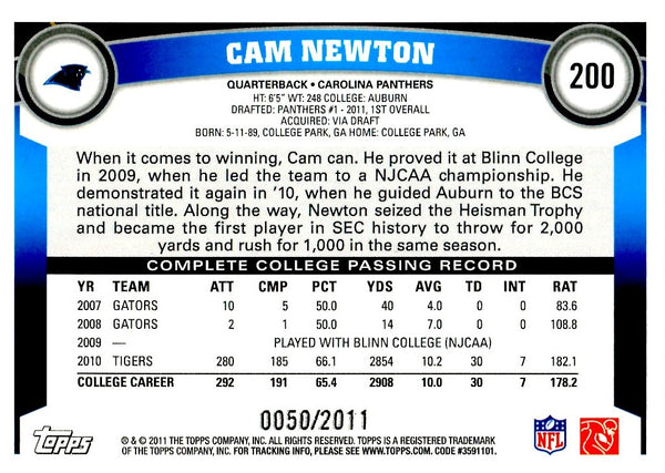 Cam Newton 2011 Unsigned Topps Rookie Card Gold Parallel #50/2011