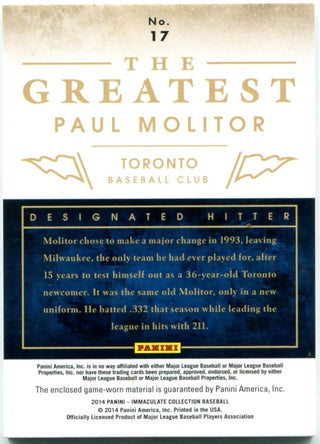 Paul Molitor Panini Immaculate Jersey Card 2014 37/49