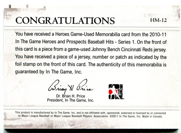 Johnny Bench In the Game Heroes and Prospects Game Used Jersey Card