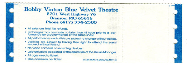 Bobby Vinton Blue Velvet Theatre October 14,1995 Full Concert Ticket