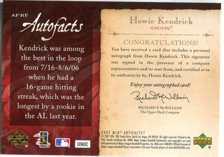 Howie Kendrick 2007 Upper Deck Artifacts Autographed Card