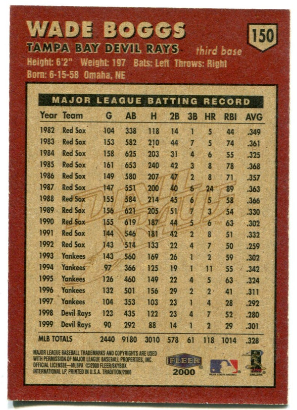 Wade Boggs Autographed 2000 Fleer Baseball Card